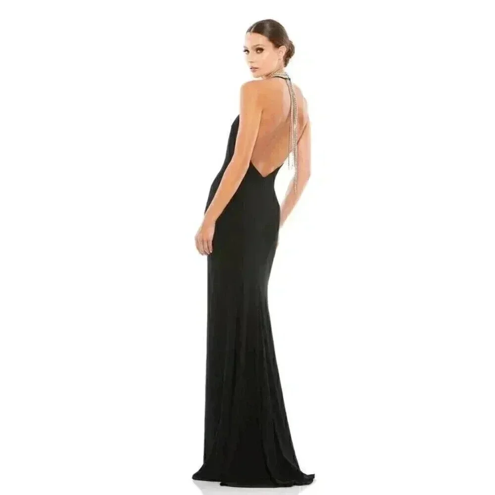 Mac Duggal Body Con Gown Dress Womens 12 Black Beaded Halter Jersey Maxi NEW